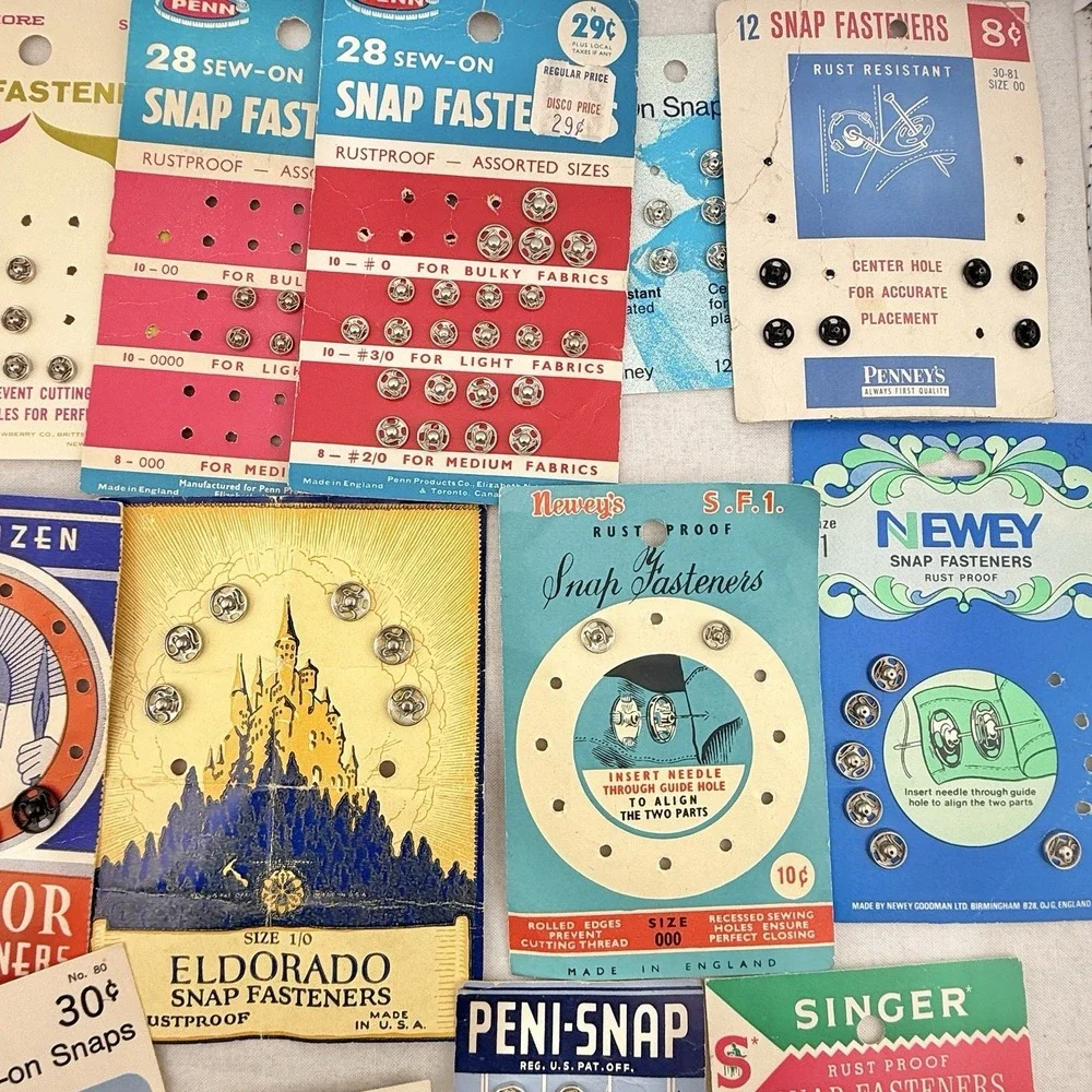 Vintage Sewing Snaps Snap Fasteners Scovill Dorcas Prims USA England W. Germany